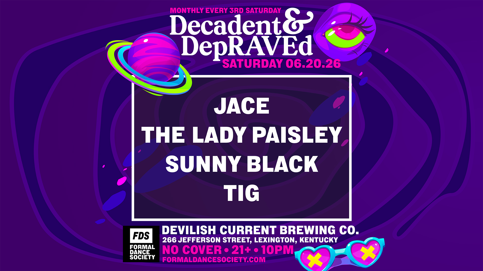 Purple space-themed event poster announcing 'Decadent & Depraved' with lineup Jace, The Lady Paisley, Sunny Black, at Devilish Current Brewing Co., Lexington, KY.