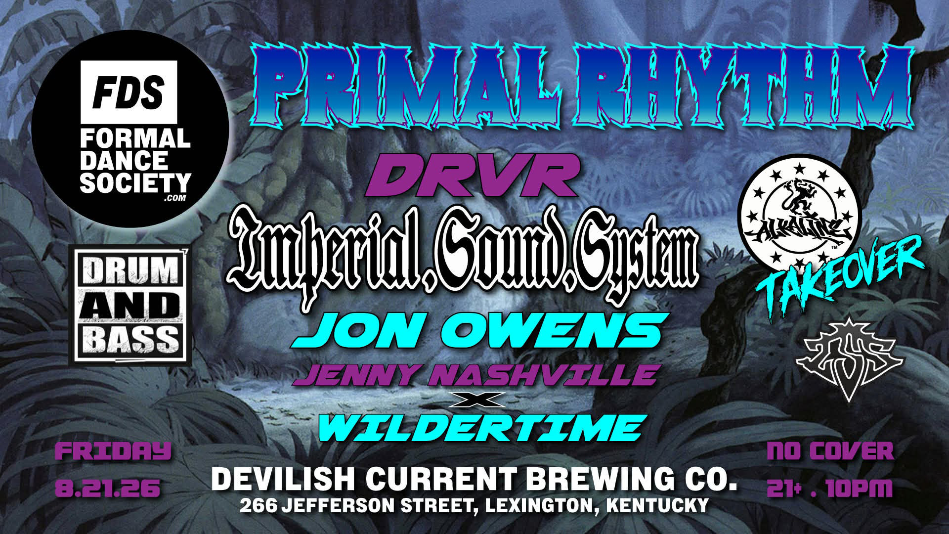Poster for a live music night with several bands, bold graphic titles, jungle background, and venue details for Devilish Current Brewing Co. in Lexington, KY.